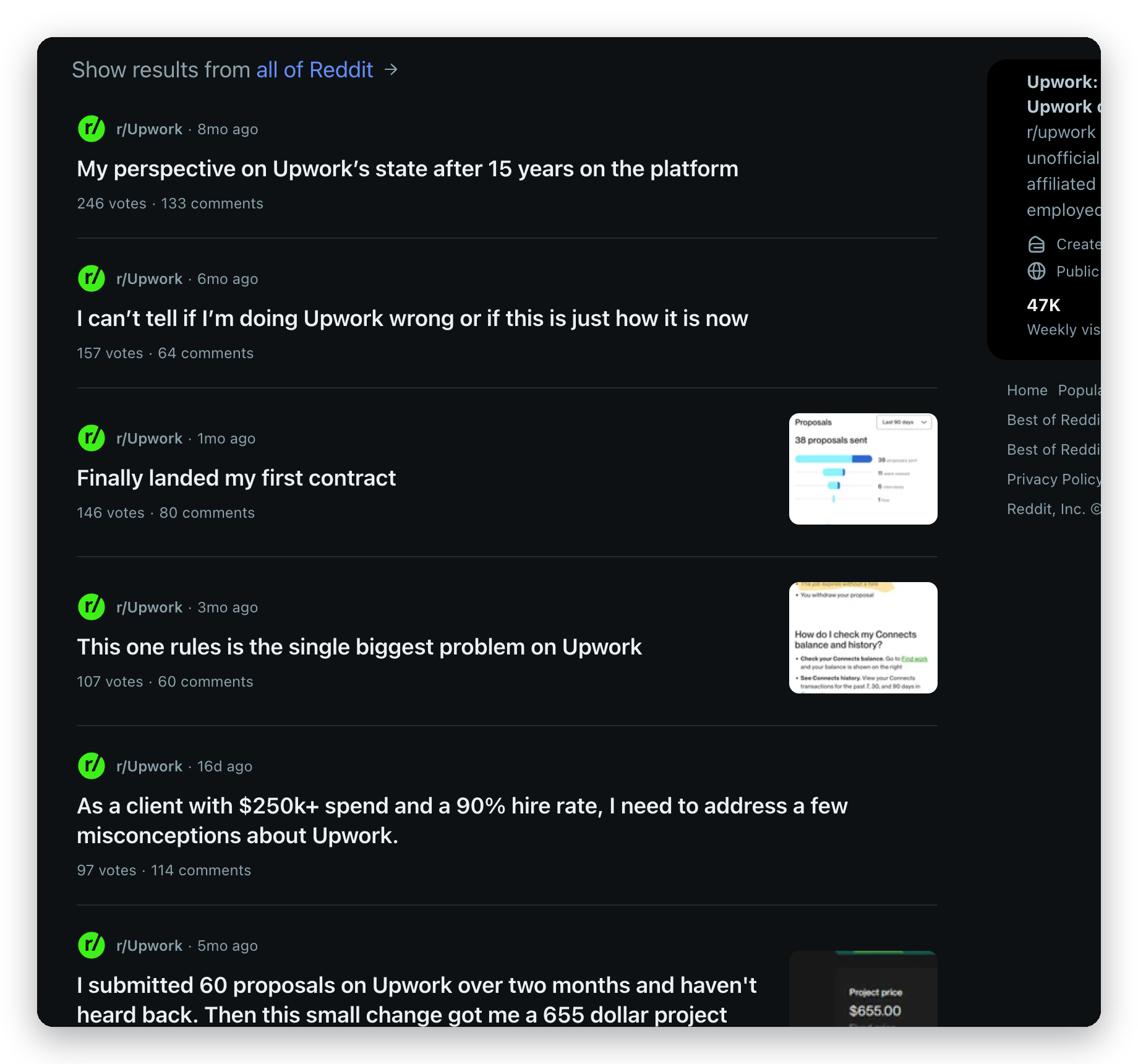 Top r/Upwork posts about proposals getting no replies, showing freelancers describing months of silence after sending proposals