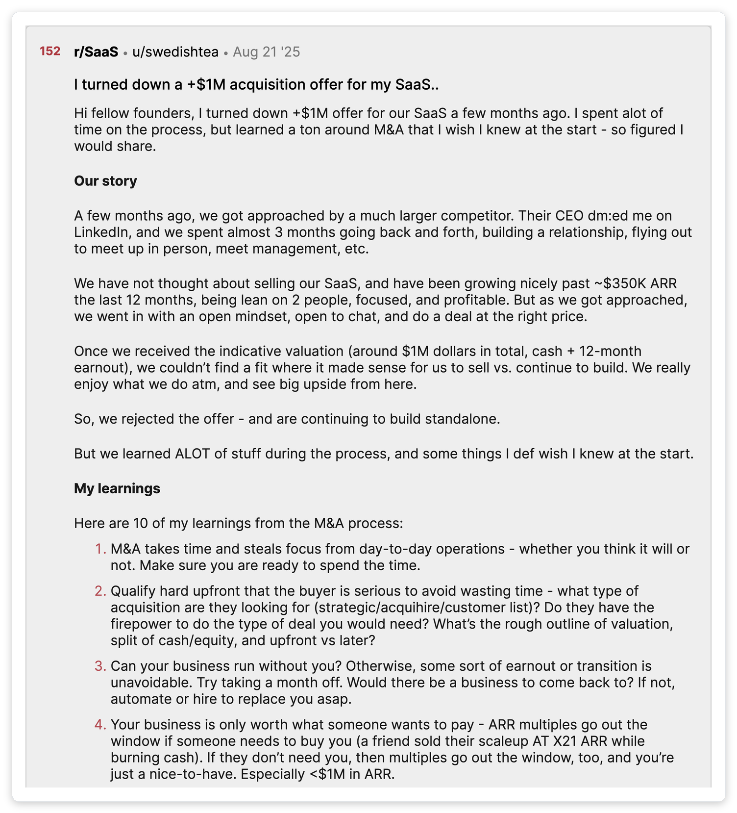 Reddit r/SaaS post titled I turned down a +$1M acquisition offer for my SaaS, from a founder at $350K ARR who received a $1M cash-plus-earnout offer, about 2.9x ARR