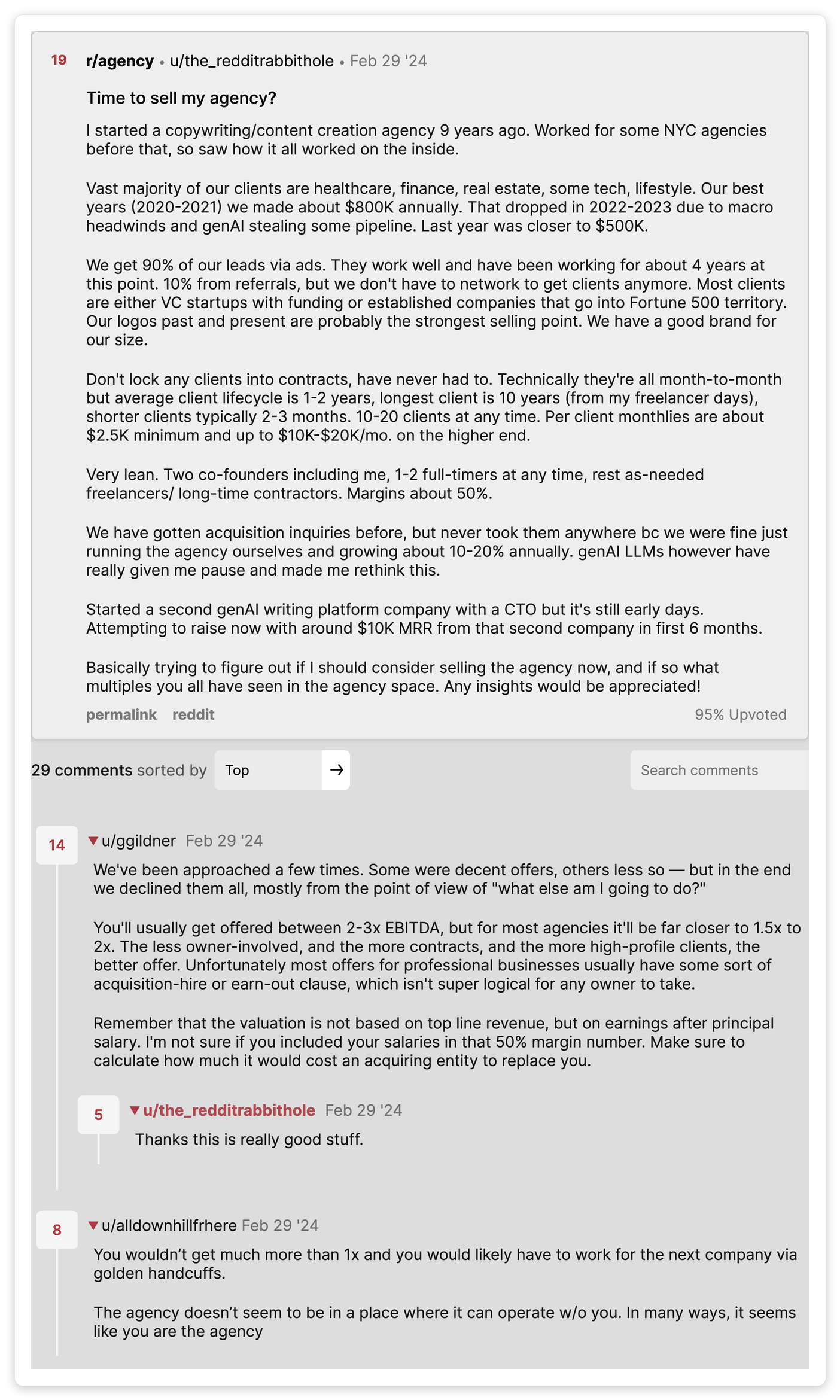 Reddit r/agency thread Time to sell my agency where the top comment says agencies are usually offered 2 to 3x EBITDA, most far closer to 1.5x to 2x, and that valuation is based on earnings after principal salary rather than revenue