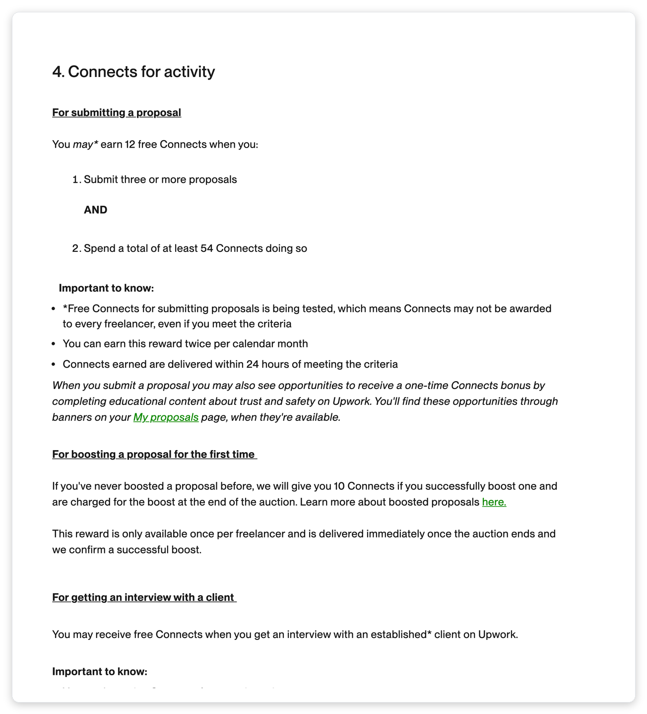Upwork Help Center, Connects for activity: 12 free Connects for three or more proposals spending at least 54 Connects, twice per calendar month.