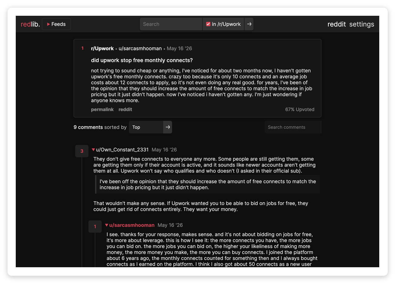 r/Upwork thread: freelancers reporting that Upwork stopped giving them the 10 free monthly Connects, with replies confirming eligibility varies by account.