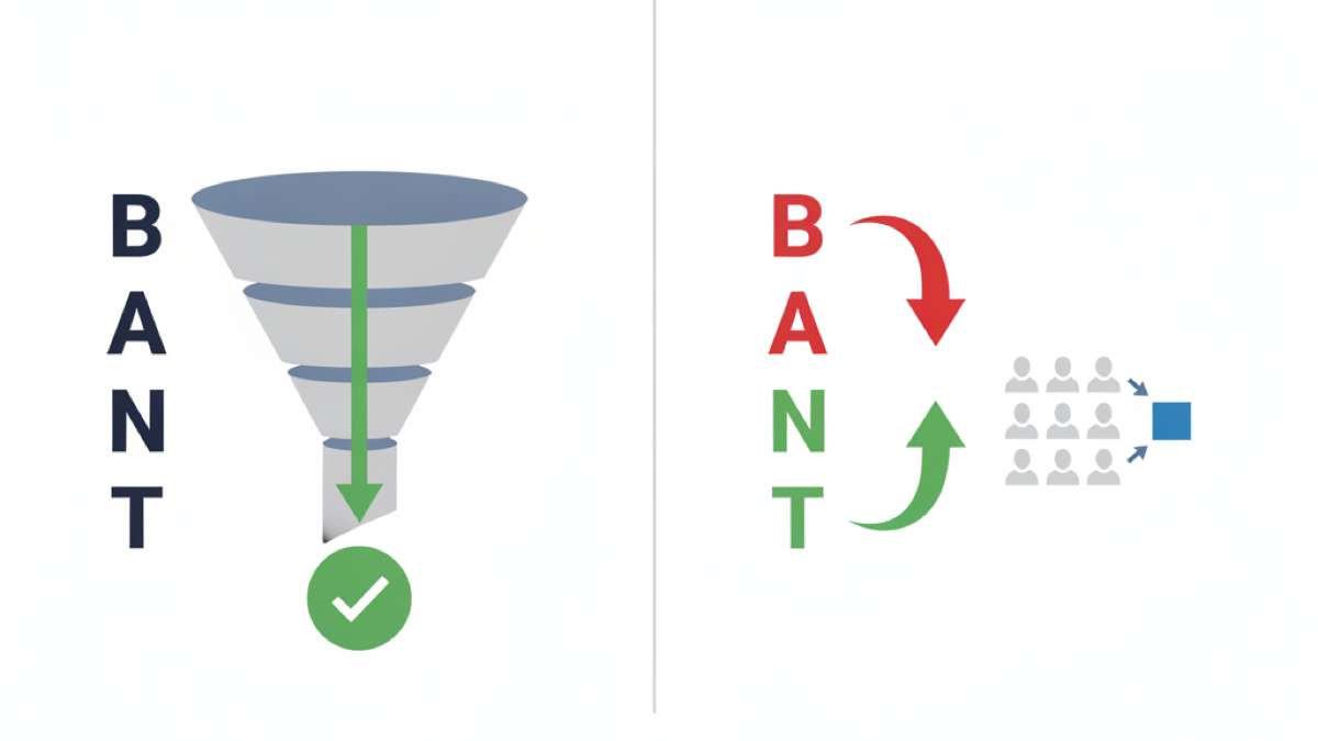 Diagram comparing classic BANT qualification as a linear funnel against marketplace BANT, where Budget and Authority invert while Need and Timeline hold