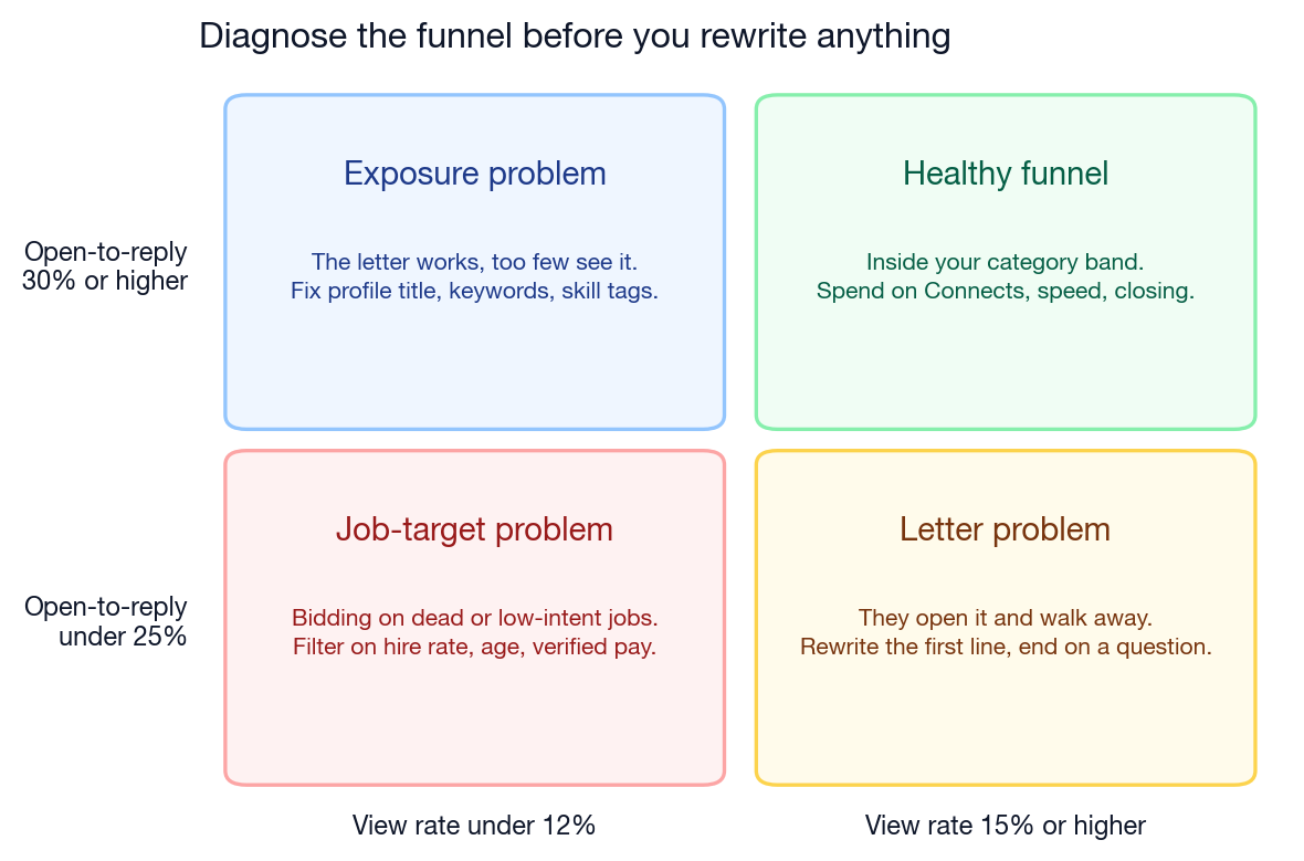 Four-quadrant matrix for diagnosing an Upwork proposal funnel on view rate versus open-to-reply rate: healthy funnel, letter problem, exposure problem, job-target problem.