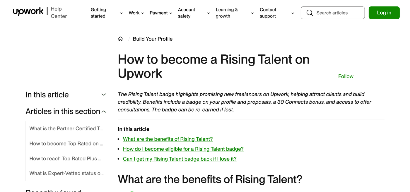 Upwork help center page showing the canonical Skill Certifications URL now redirects to How to become a Rising Talent on Upwork