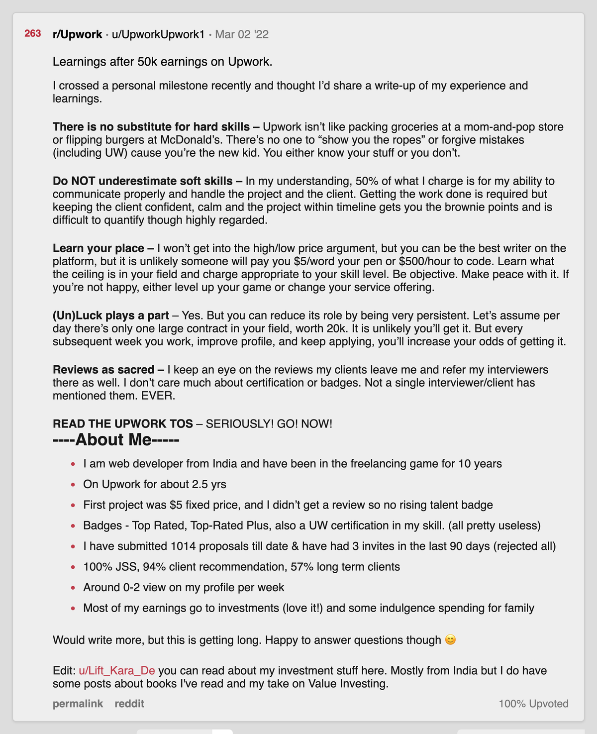 r/Upwork post "Learnings after 50k earnings on Upwork" by u/UpworkUpwork1 with 260-plus upvotes, listing Top Rated, Top-Rated Plus and an Upwork skill certification as all pretty useless