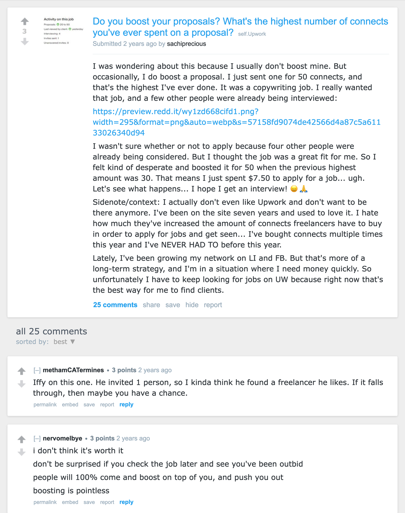 Reddit r/Upwork thread where a freelancer describes spending 50 connects on a single proposal, the most she had ever spent, and a commenter replies that boosting is pointless because someone will outbid you anyway