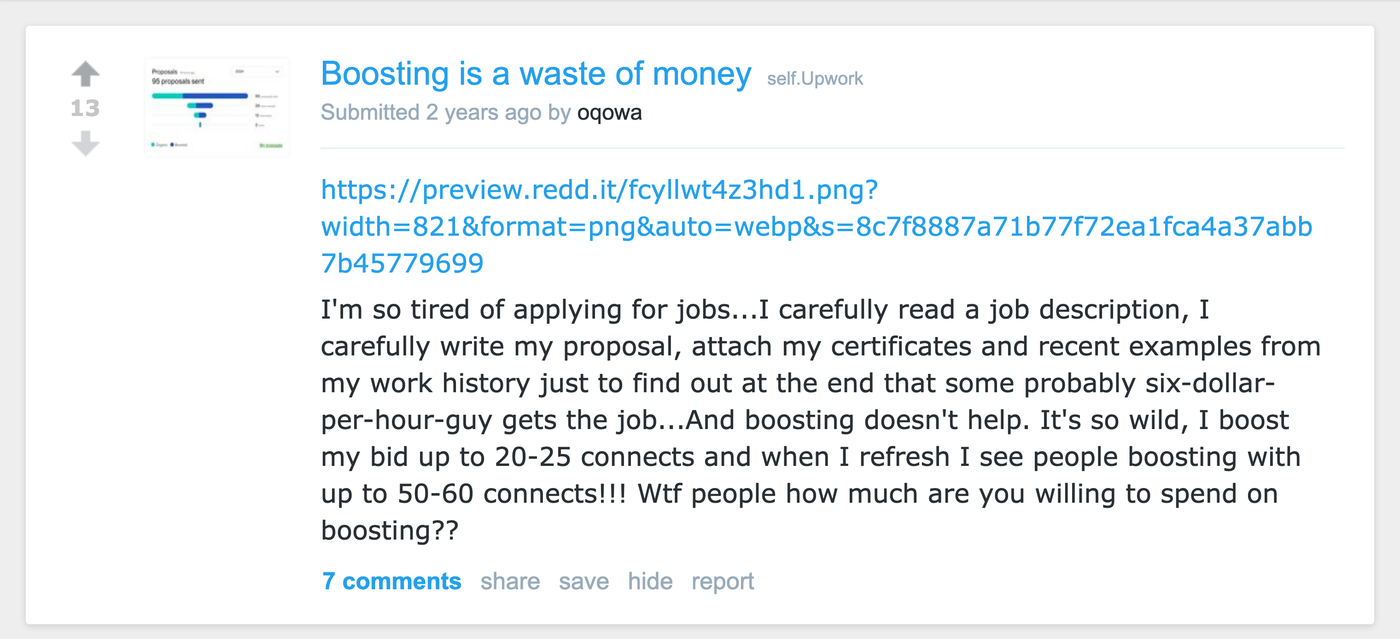 Reddit r/Upwork post titled Boosting is a waste of money where freelancer describes boosting 20 to 25 connects per proposal while competitors boost 50 to 60 connects with no improvement in hire rate