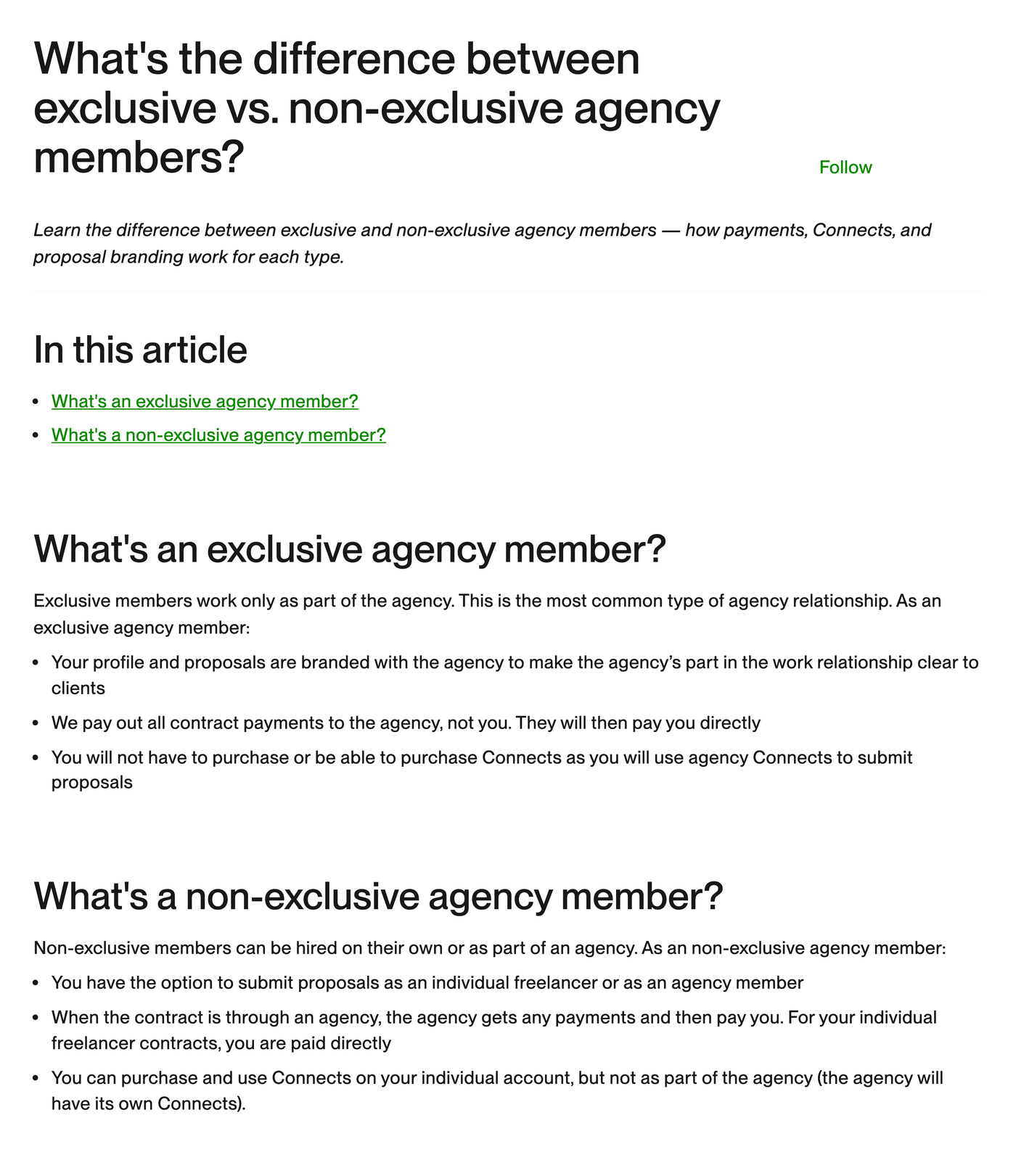 Screenshot of Upwork's Help Center article on exclusive versus non-exclusive agency members, listing how profile branding, contract payments and Connects work under each membership type.