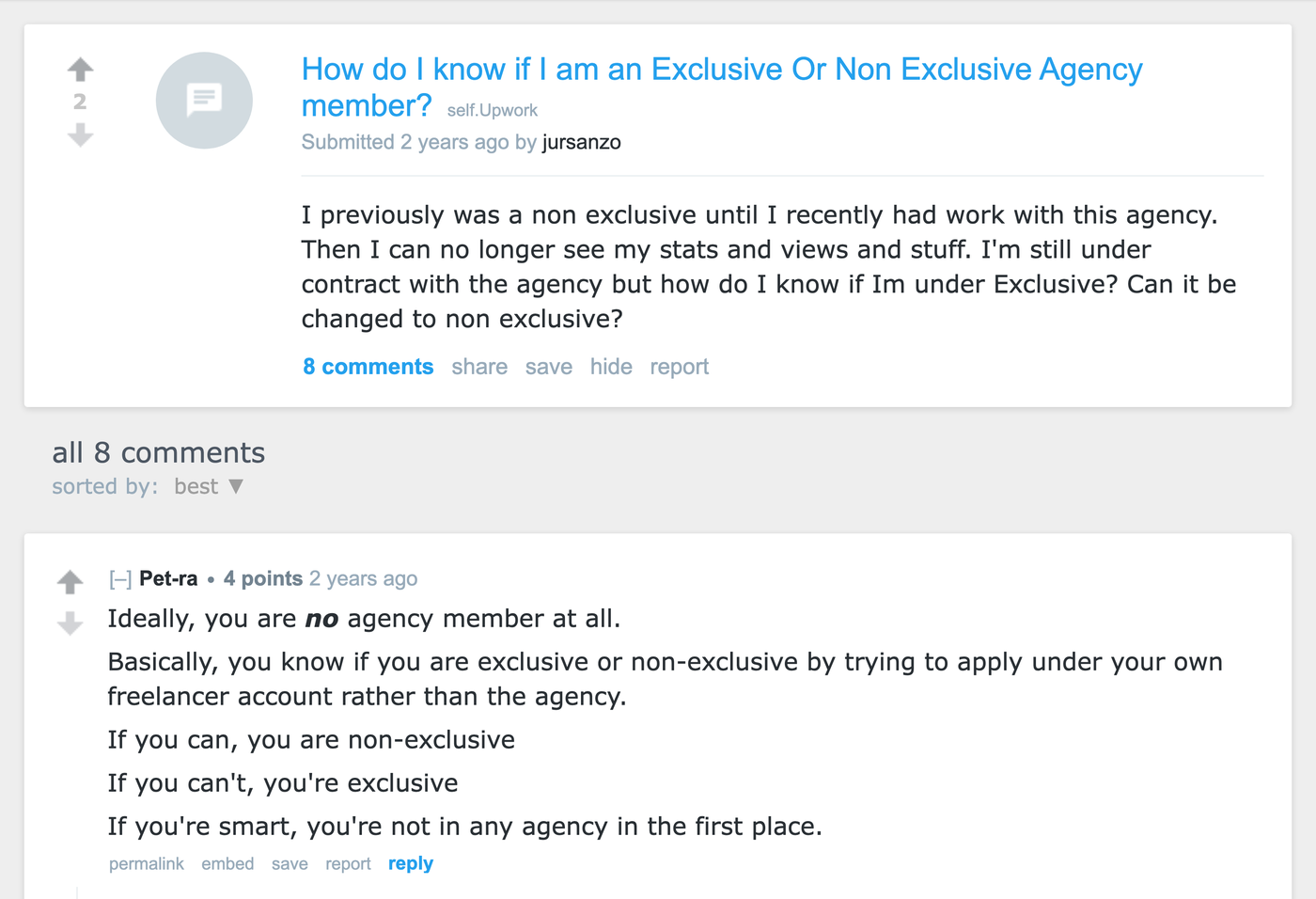 Reddit thread on r/Upwork showing a confused freelancer asking how to identify exclusive vs non-exclusive status, with the top-voted reply giving a simple diagnostic test.