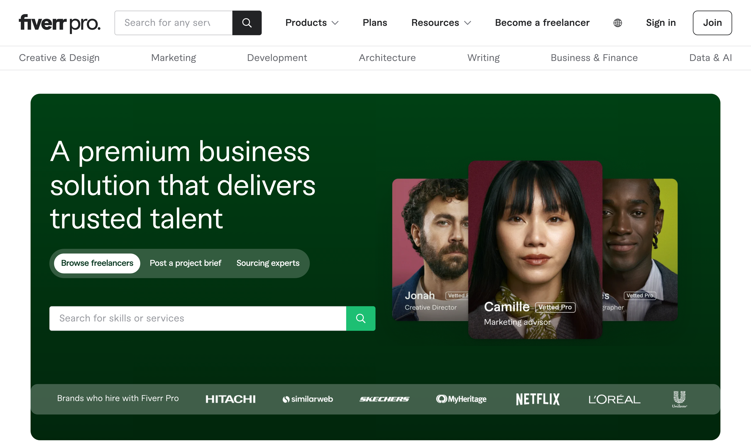 Fiverr Pro homepage showing premium business solution messaging and individual freelancer photos