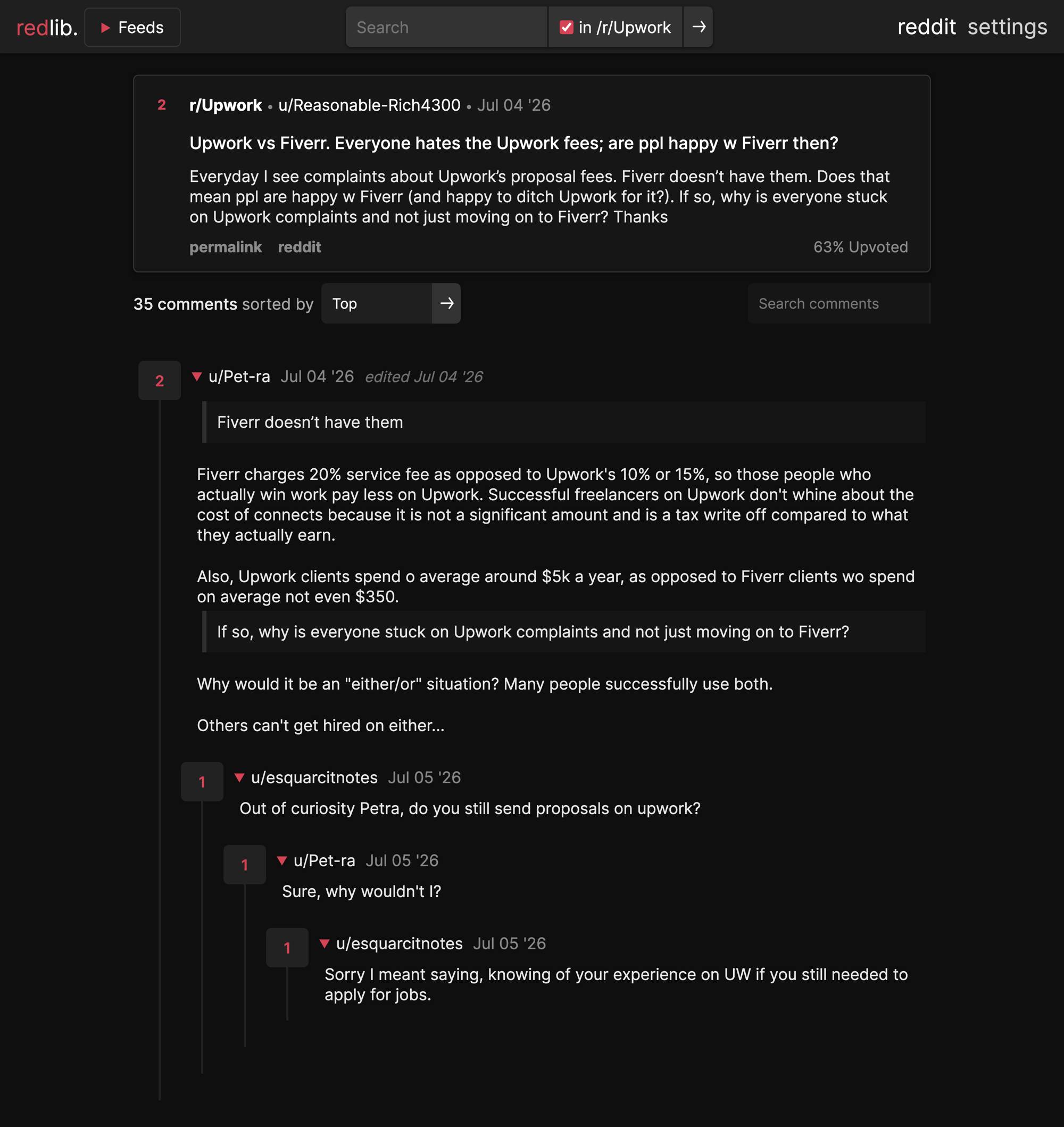 Reddit r/Upwork thread asking whether people are happy with Fiverr given Upwork fees, with a reply showing Fiverr charges 20% against Upwork's 10% or 15% and that Upwork clients spend about $5k a year versus under $350 on Fiverr