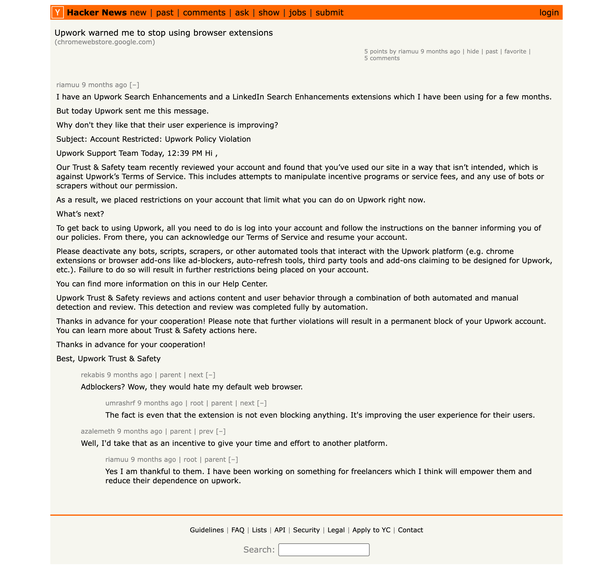 Hacker News post showing Upwork Trust and Safety email about Chrome extension account restriction