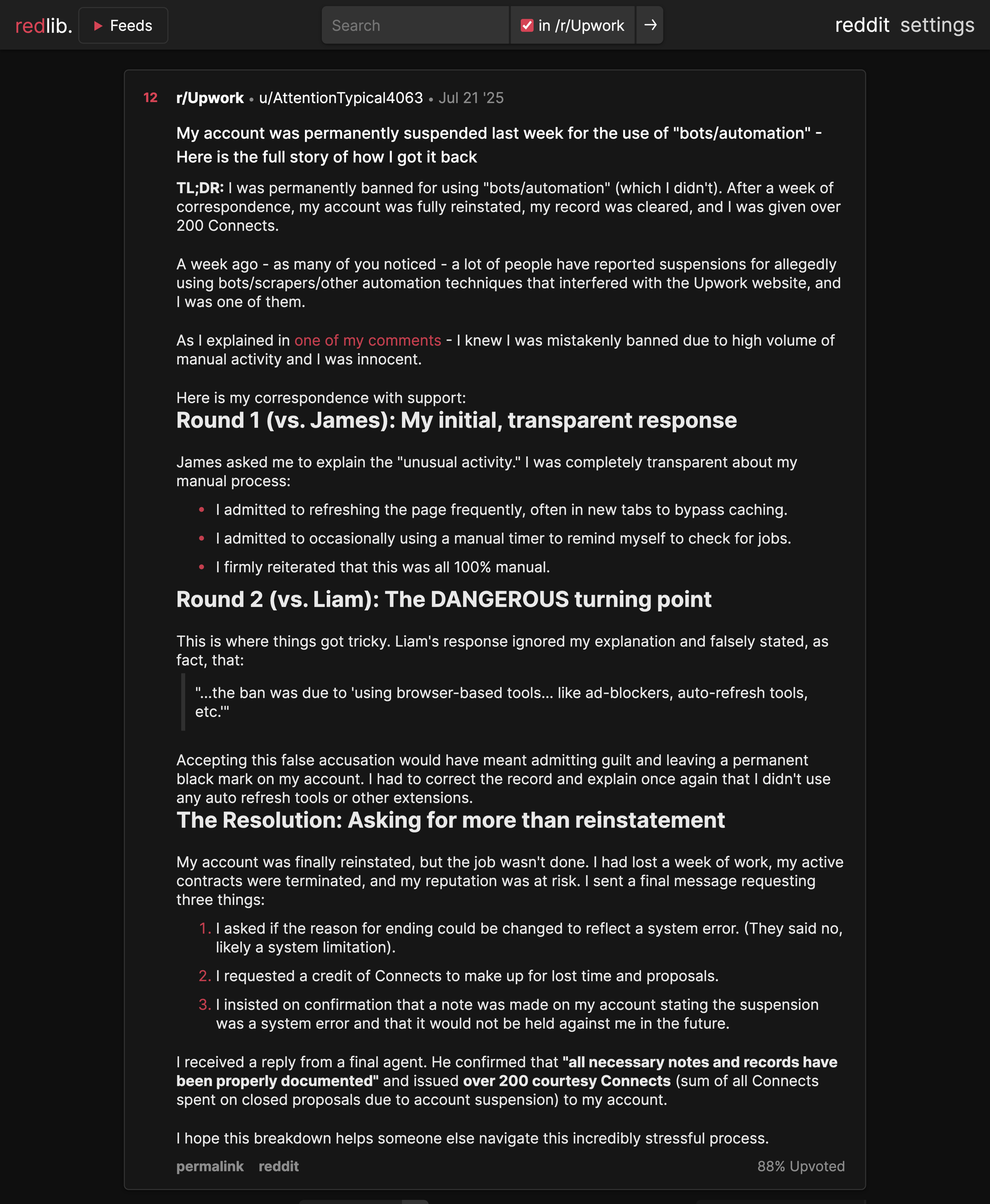 Reddit r/Upwork post from July 2025 by a freelancer permanently suspended for bots and automation he never used, describing a week of appeals before the account was reinstated