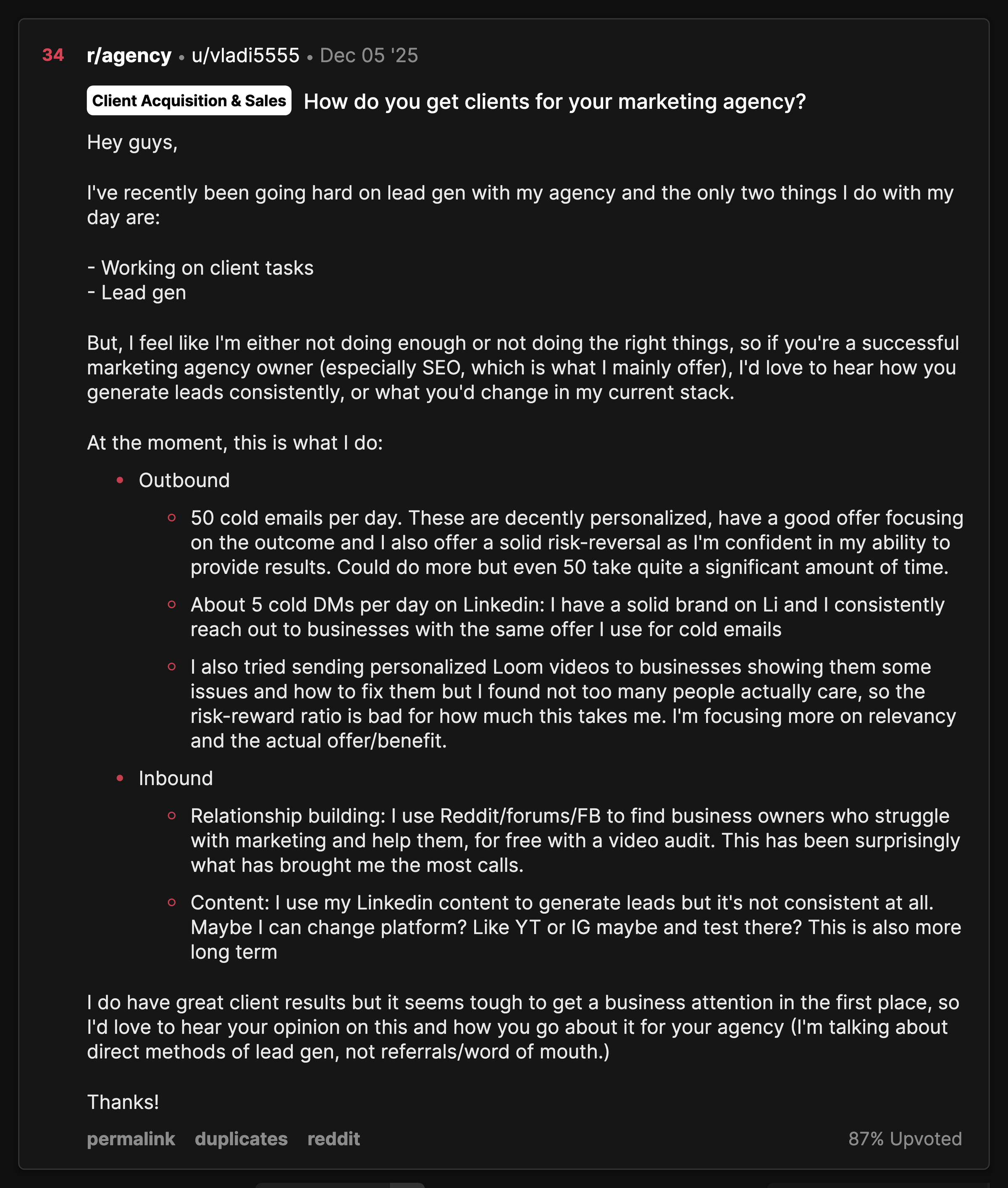 Reddit r/agency thread from December 2025 in which a marketing agency owner lists his entire lead generation stack and asks other owners how they generate leads consistently