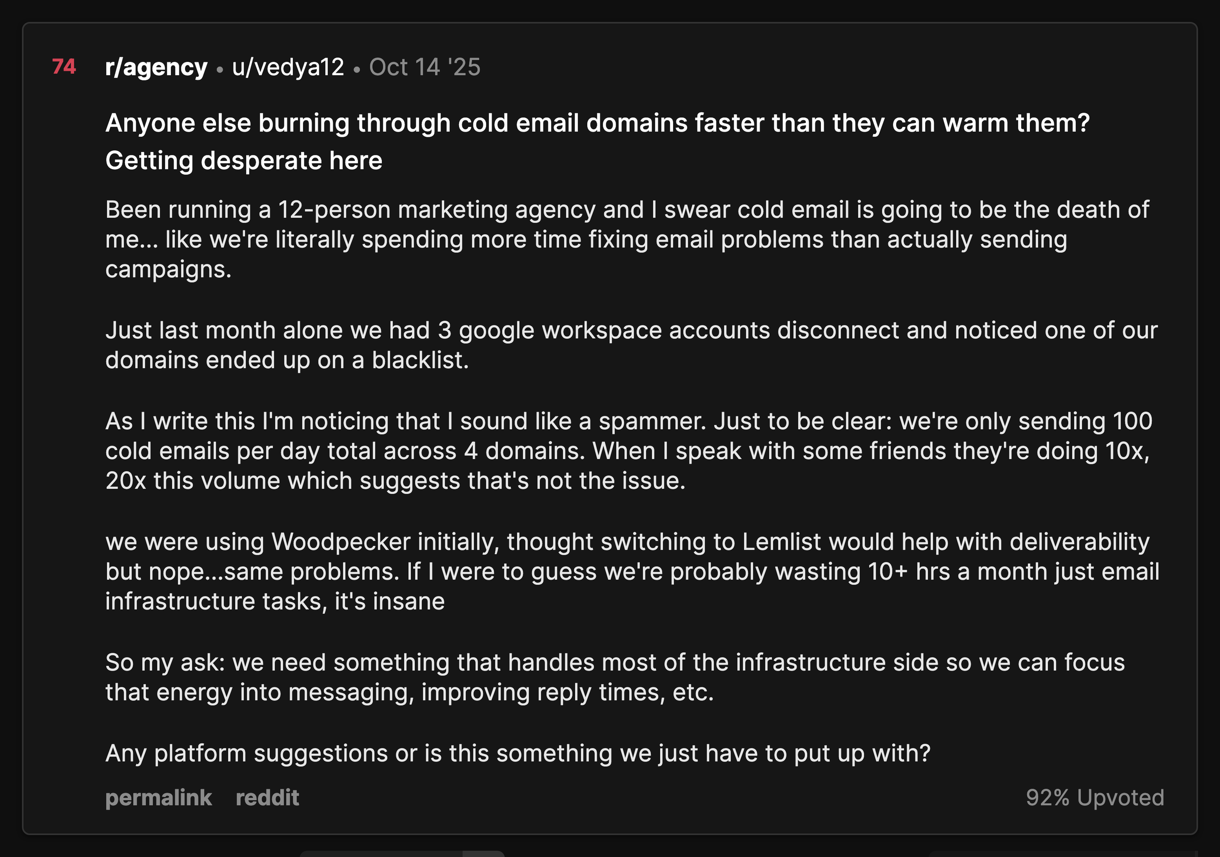 Reddit thread on r/agency about cold email domain burnout at a 12-person marketing agency