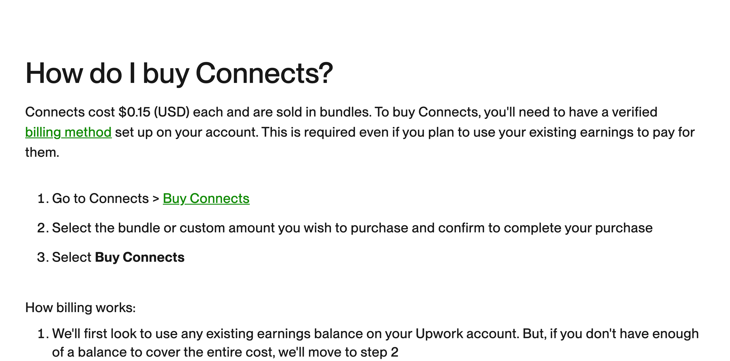 Upwork Help Center page stating that Connects cost $0.15 each and are sold in bundles