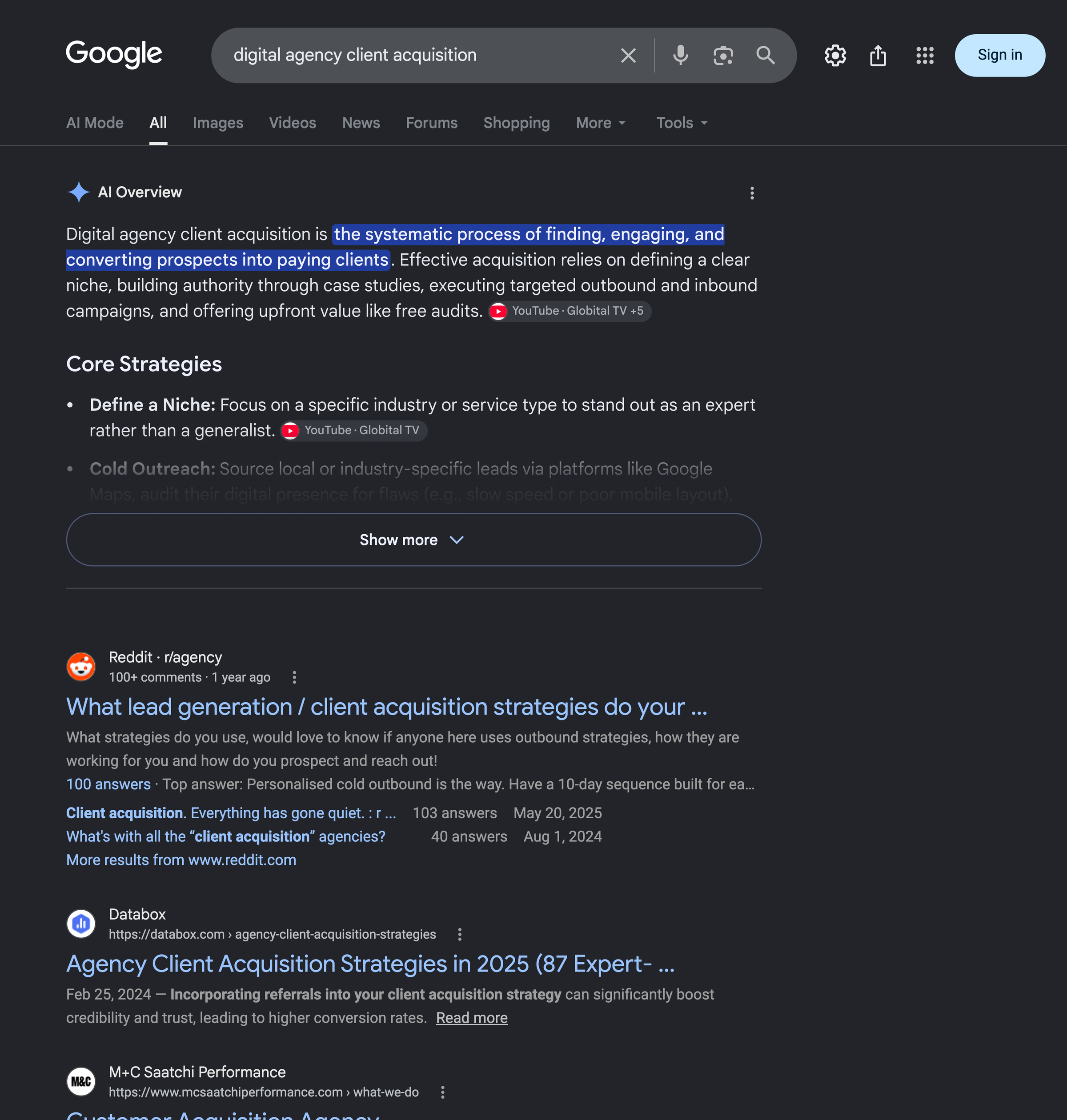 Google search results for digital agency client acquisition, where the AI Overview recommends niching down, cold outreach, case studies and free audits, with no marketplace channel mentioned