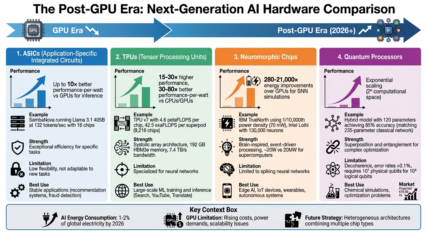 Post-GPU AI Hardware Comparison: ASICs, TPUs, Neuromorphic and Quantum Processors