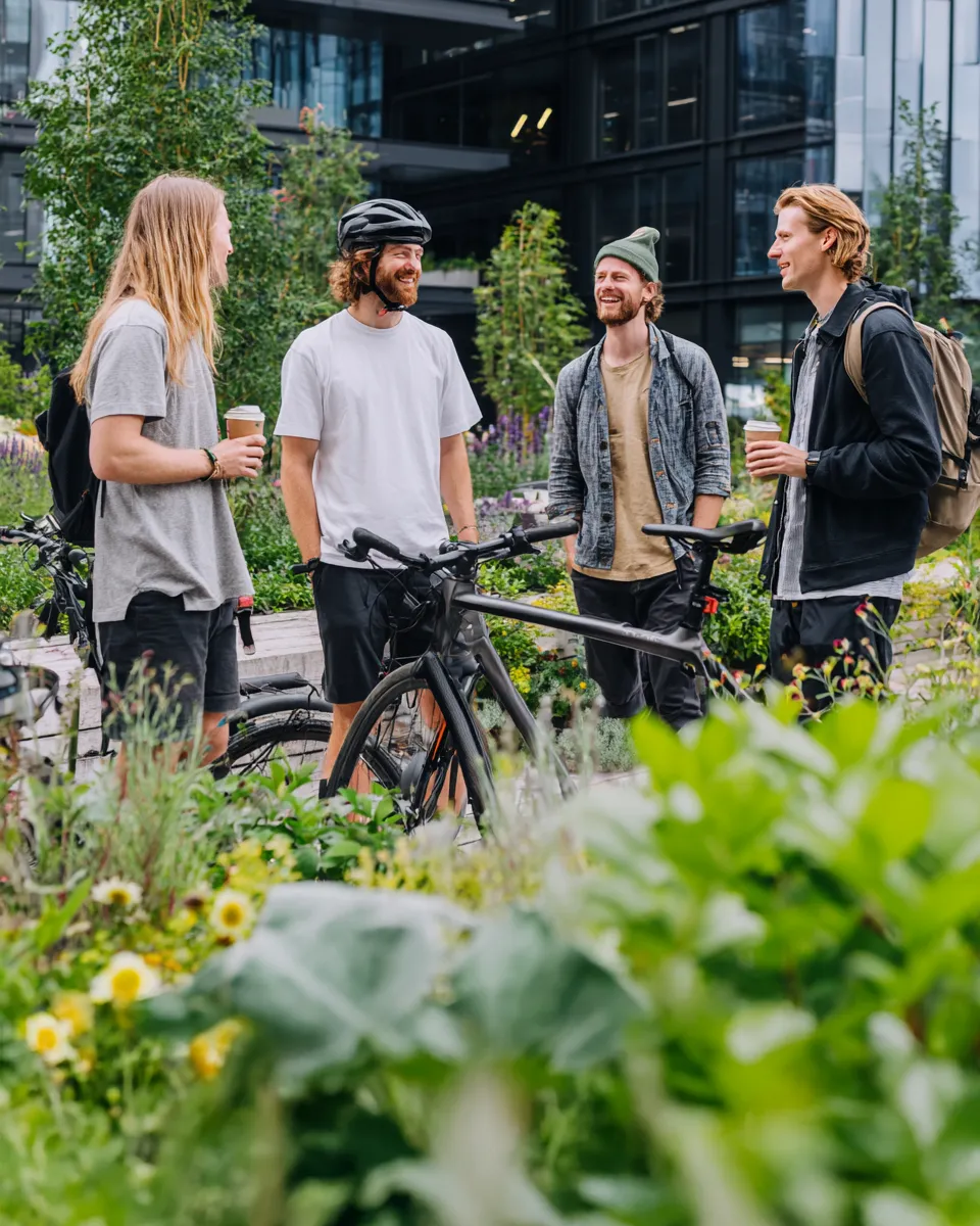 Vier junge Männer unterhalten sich draußen um ein schwarzes Fahrrad, umgeben von grünen Pflanzen und moderner Architektur.