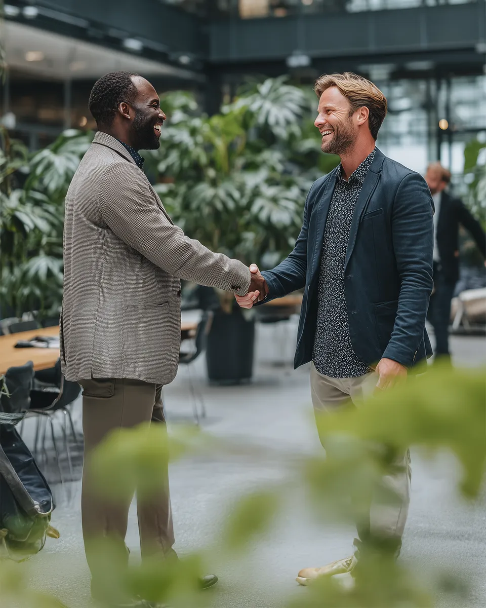 Zwei lächelnde Männer schütteln sich in einem modernen Bürogebäude die Hand.