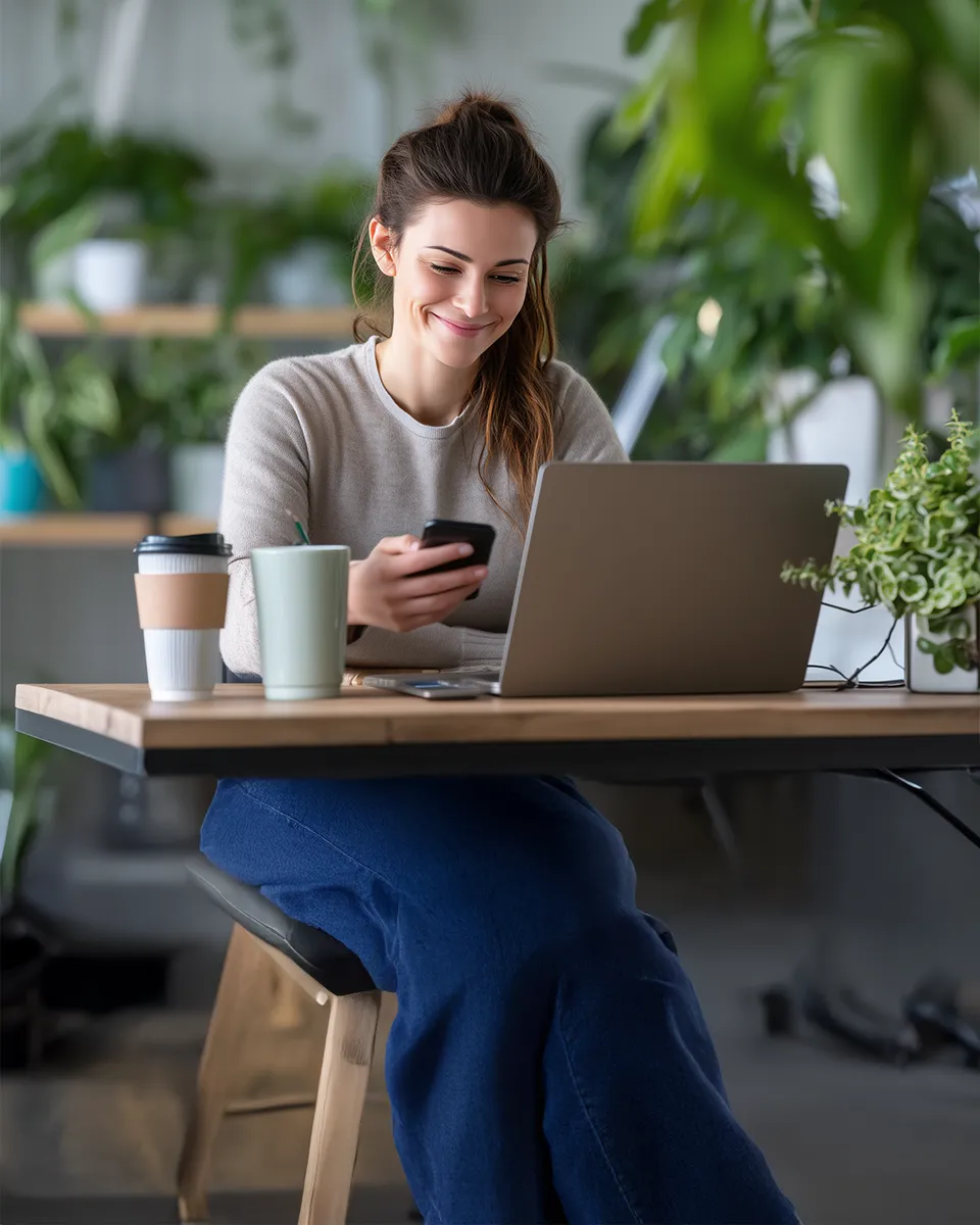 Eine lächelnde Frau sitzt an einem Schreibtisch mit Laptop und hält ein Smartphone, umgeben von Pflanzen.