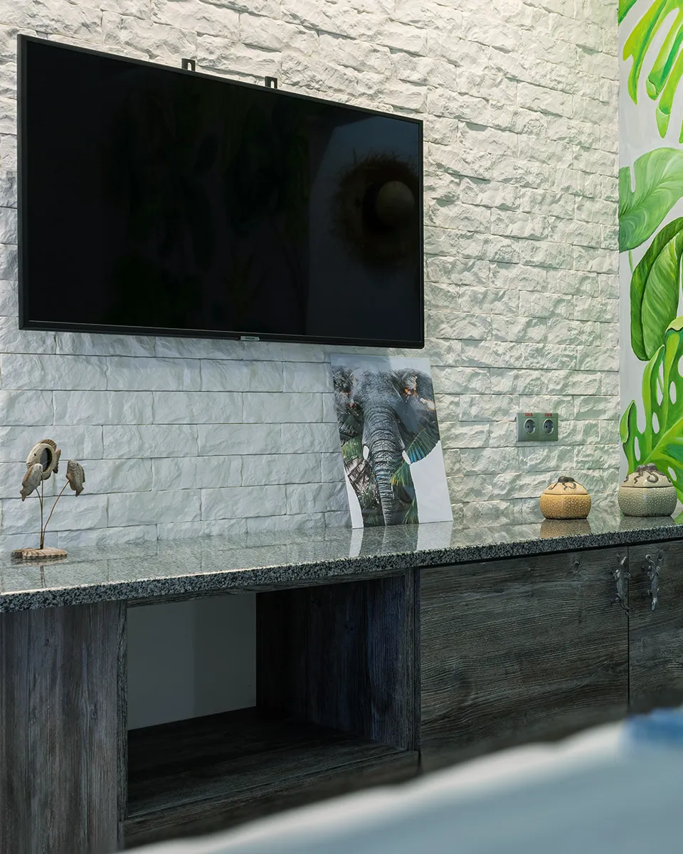 Großer Flachbildfernseher an einer weißen Steinwand über einer dunklen Holzkommode mit Granitplatte, darauf ein Elefantenbild und Dekorationsgegenstände.