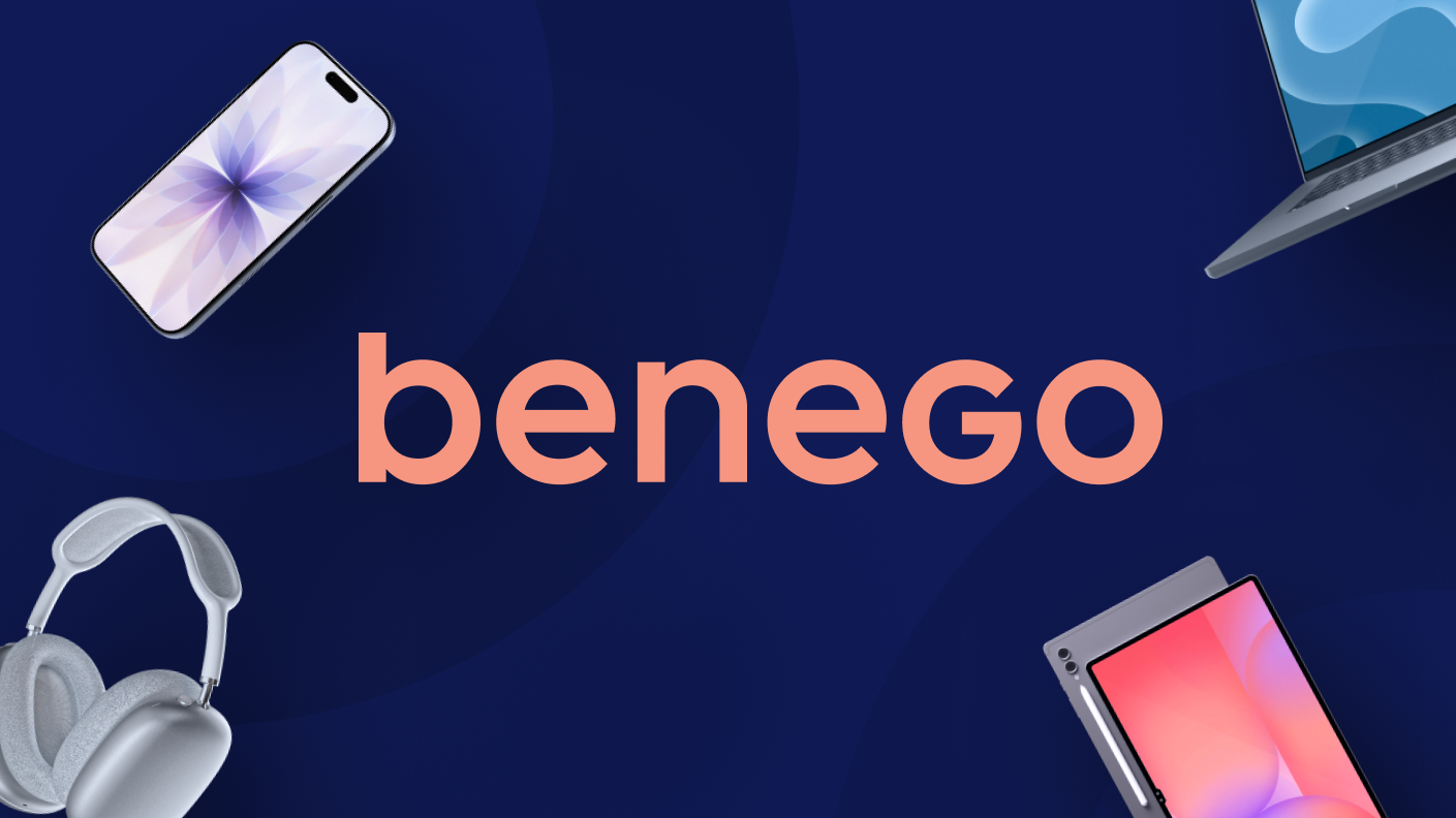 Benego text with smartphone, laptop, tablet, and headphones on a dark blue background.