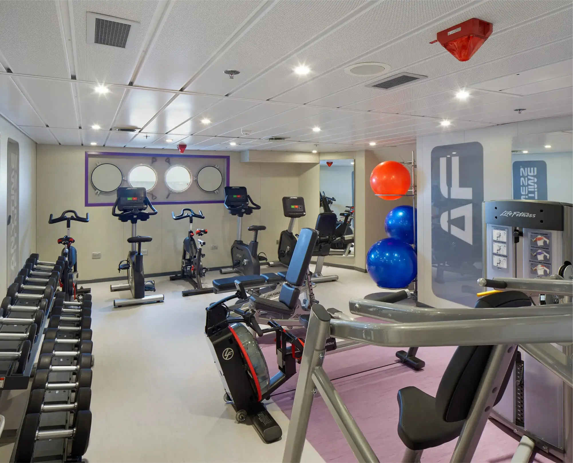 Modern gym room featuring stationary bikes, weight rack, exercise balls, and strength training equipment.