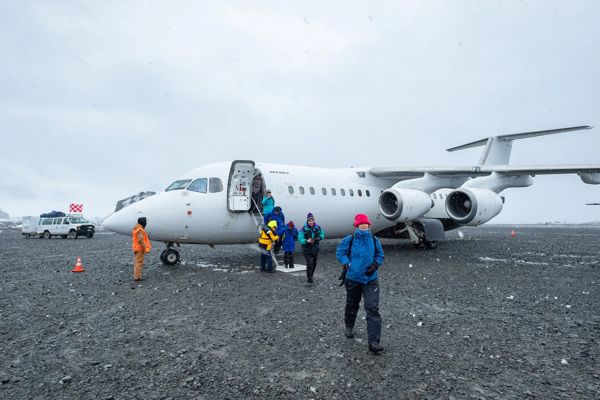 Travelers landing in Antarctica after a 2-hour flight from Punta Arenas, Chile