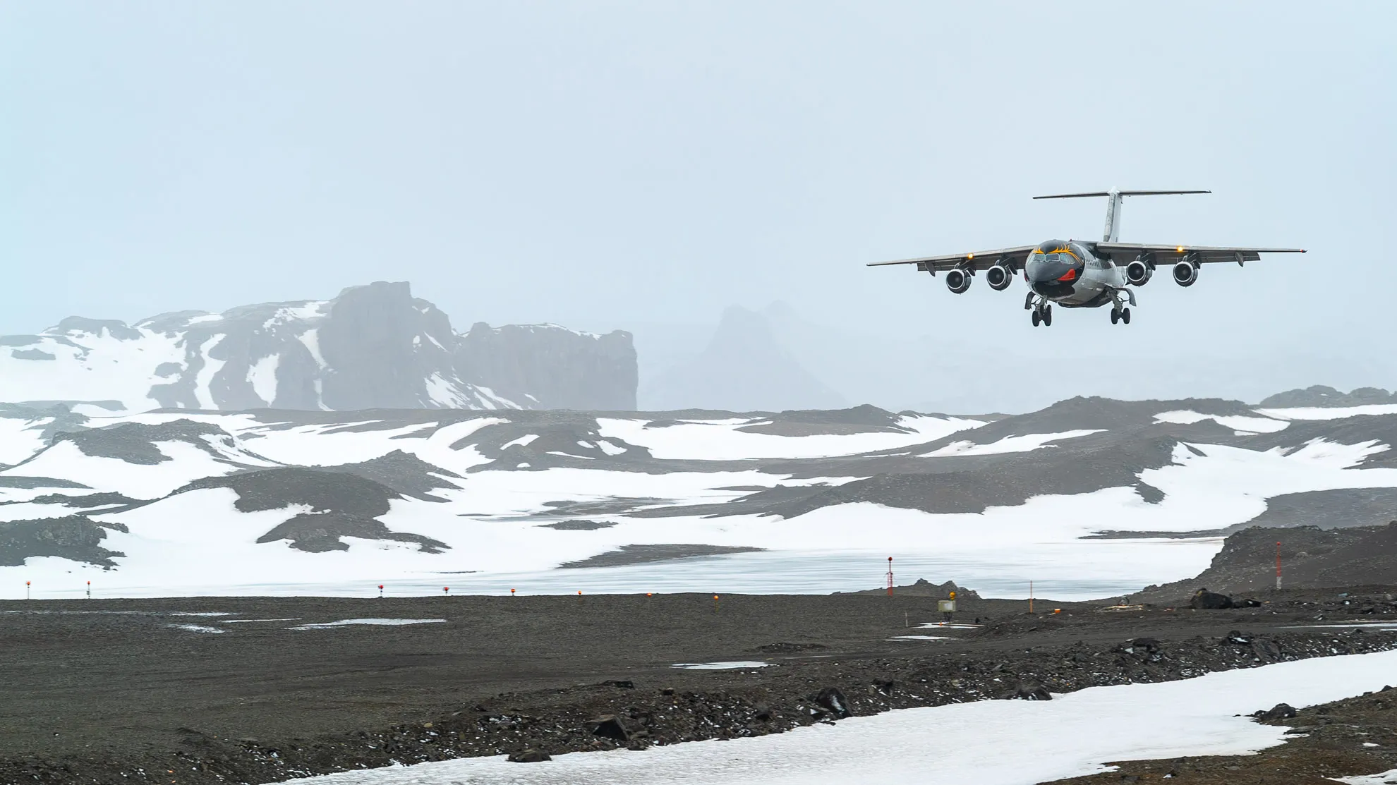 A view from onboard the Antarctic flight landing in King George Island