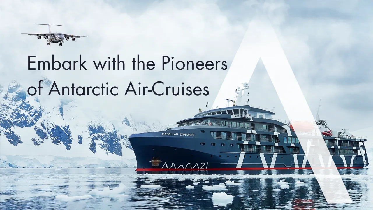 Large cruise ship named Magellan Explorer sailing through icy Antarctic waters with snow-covered mountains and an aircraft flying overhead.