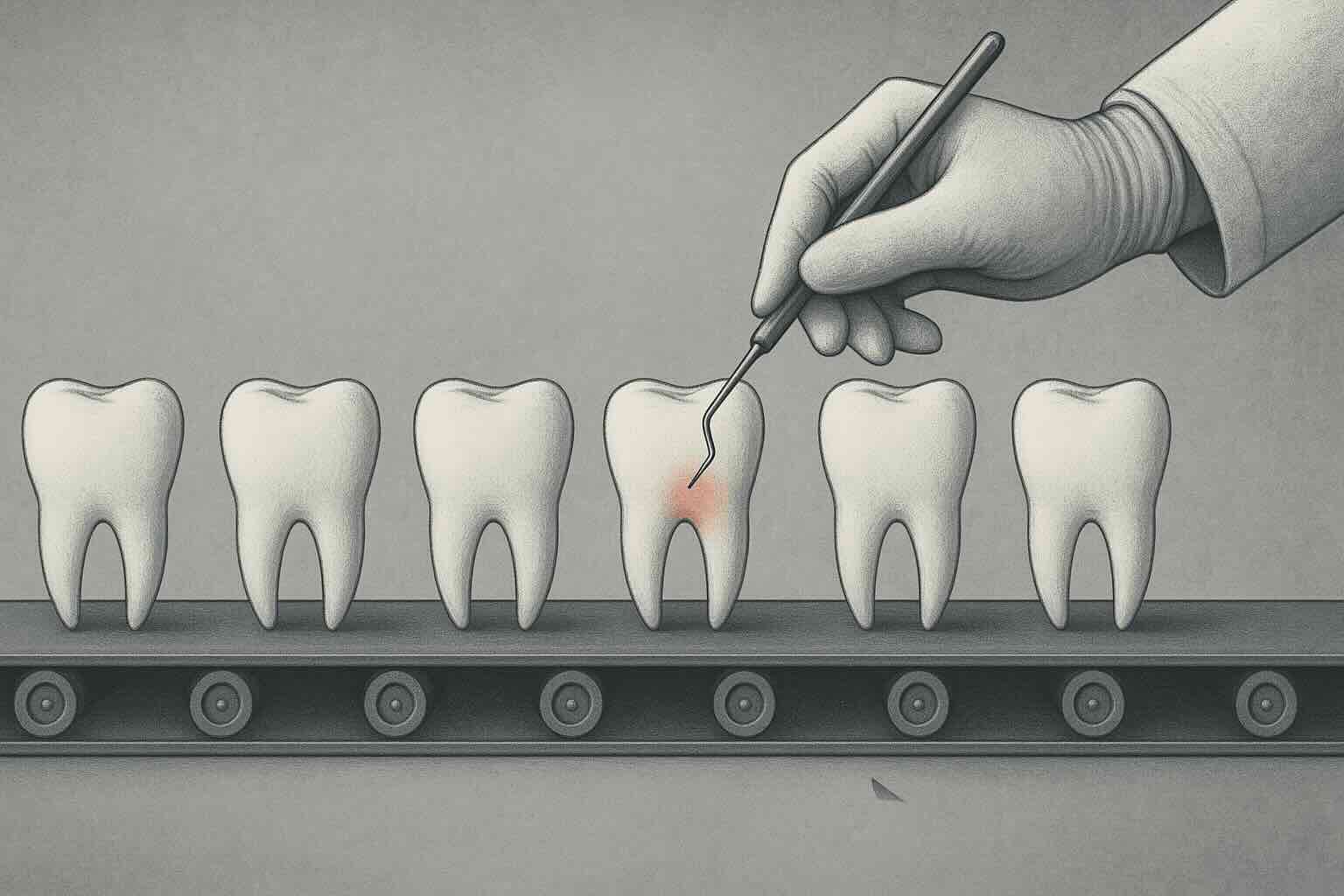 Image conceptuelle d'un dentiste réparant des dents sur un tapis roulant, symbolisant la perte de sens et le travail à la chaîne dans les cabinets dentaires.