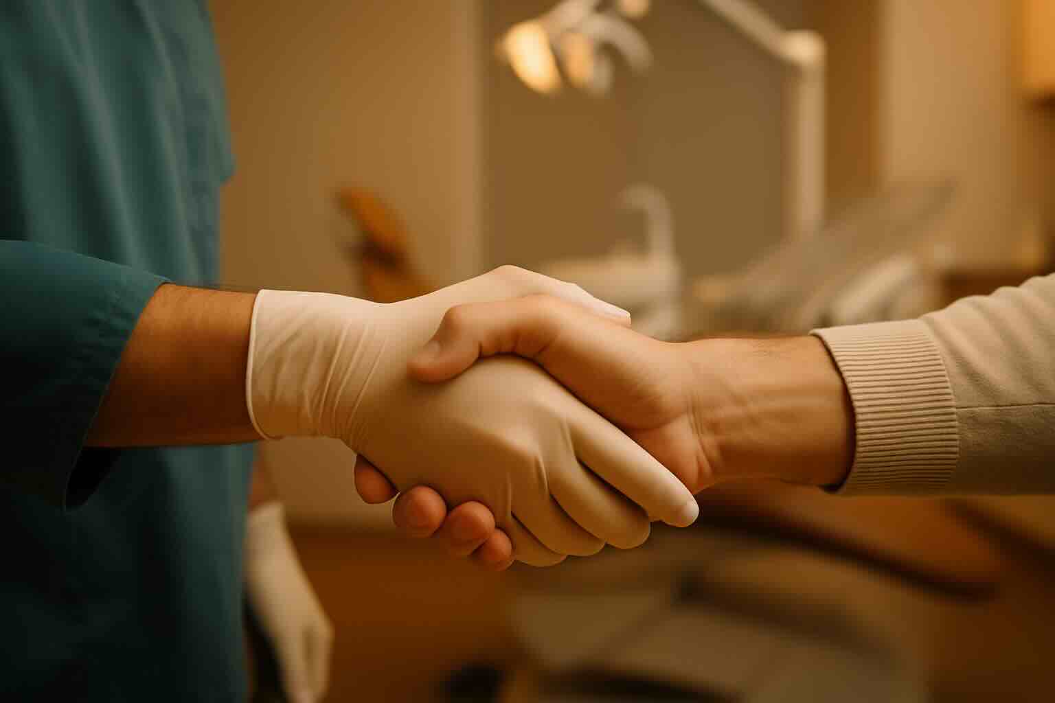 Une main de dentiste et une main de patient tenant ensemble une pièce de puzzle en forme de dent, symbolisant le concept de patient partenaire.