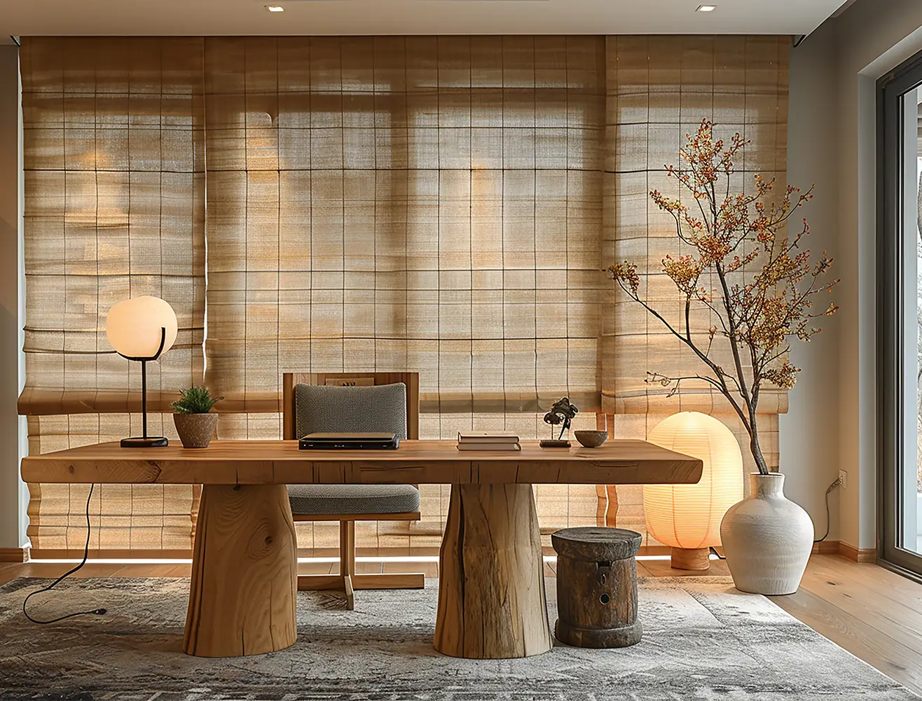 Ruhiger, naturbetonter Raum mit großem Schreibtisch aus Massivholz, sanften Lampen, Pflanzen und lichtdurchlässigen Stoffrollos.