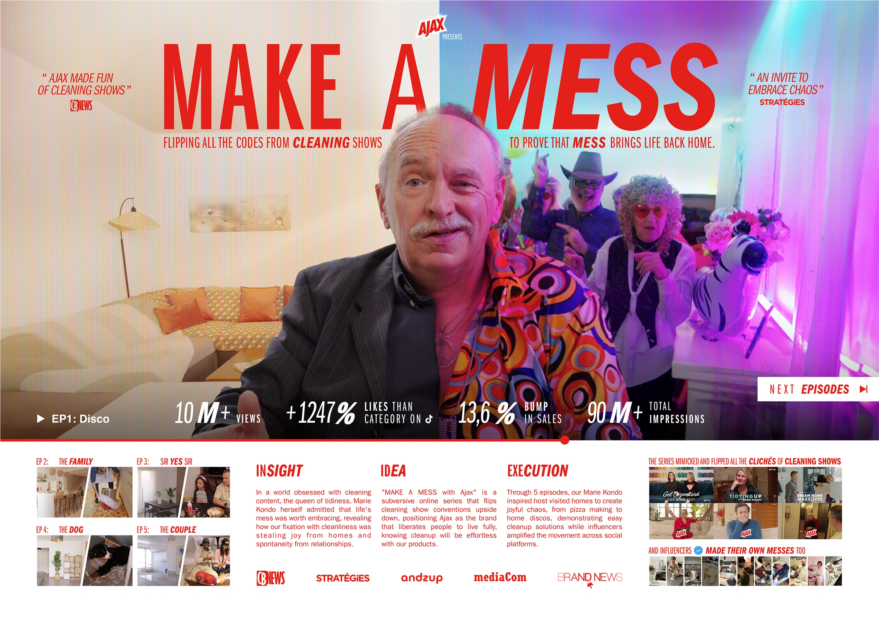 Split image showing a man half in a messy colorful disco costume and half in a tidy suit, highlighting Ajax's Make A Mess campaign promoting joyful chaos over cleaning obsession.
