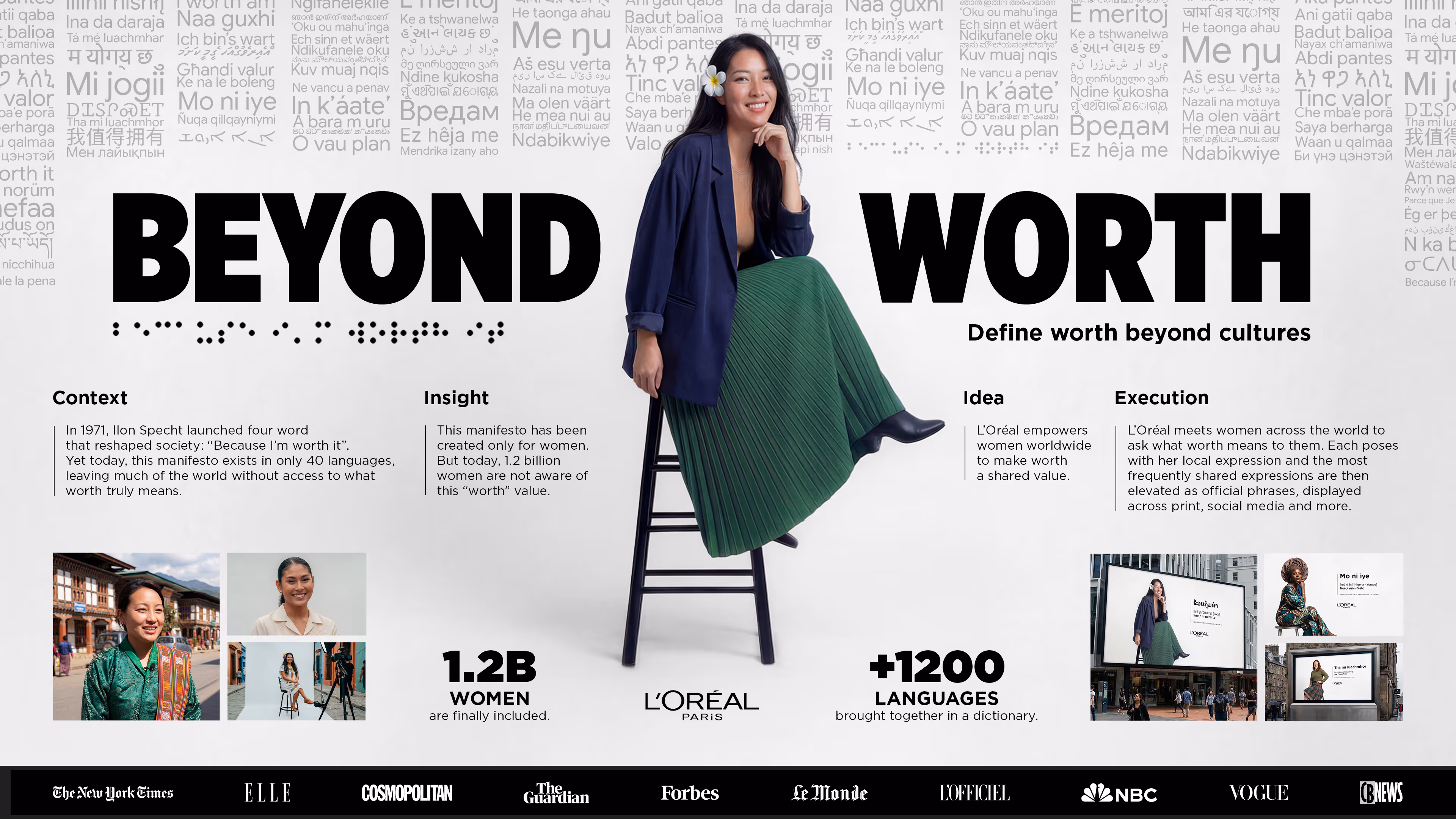 L'Oréal's 'Beyond Worth' campaign with a woman seated on a stool in a green skirt and blue blazer, surrounded by multilingual expressions of 'worth' and campaign details about empowering women globally.