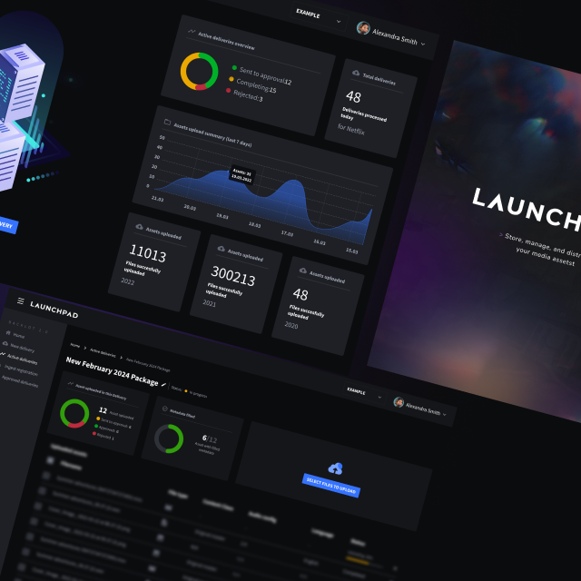 Screenshot of the VIDA Content OS Launchpad, displaying an overview of asset delivery, upload statistics, and task completion. The interface includes charts for tracking upload activity and visual indicators for asset status. A section promoting the 'Launchpad' feature emphasizes the platform's capabilities in storing, managing, and distributing media assets.