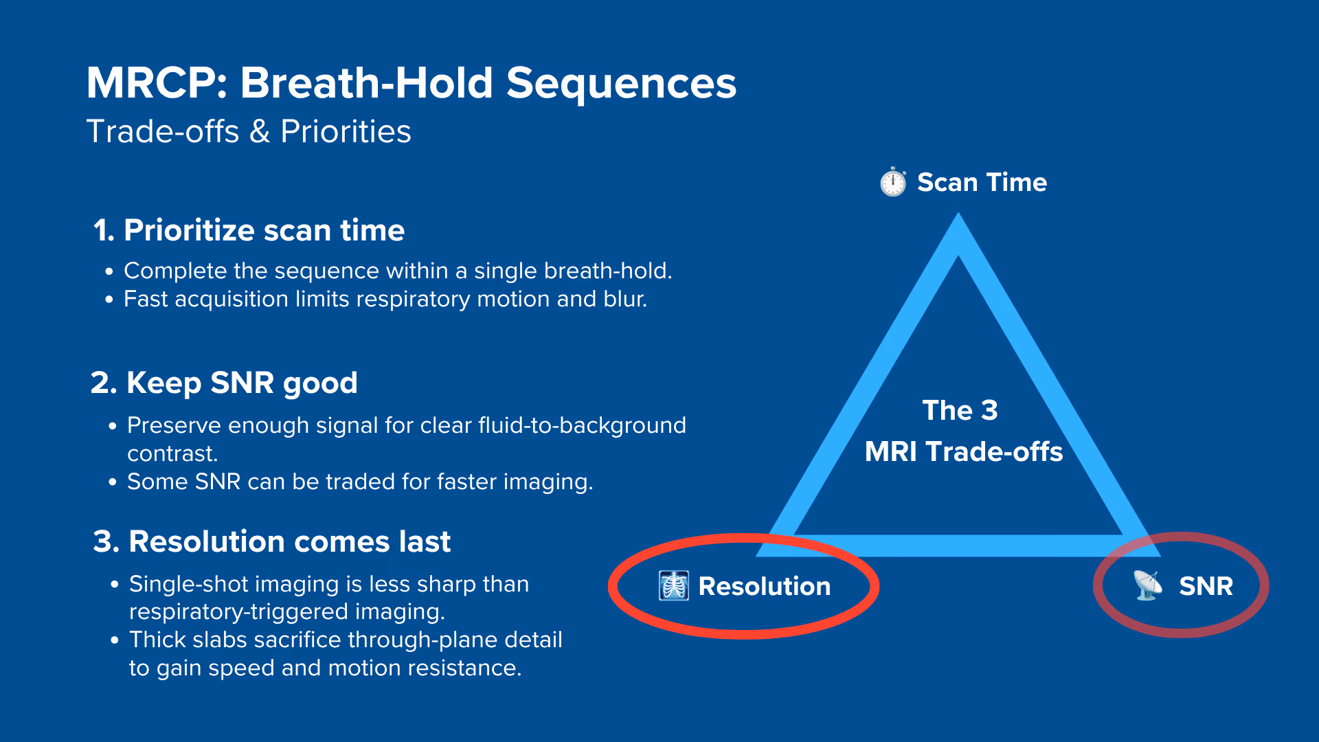 Trade-offs and priorities for MRCP breath-hold sequences, and why we generally prioritize scan time, keep SNR good, and optimize for resolution last
