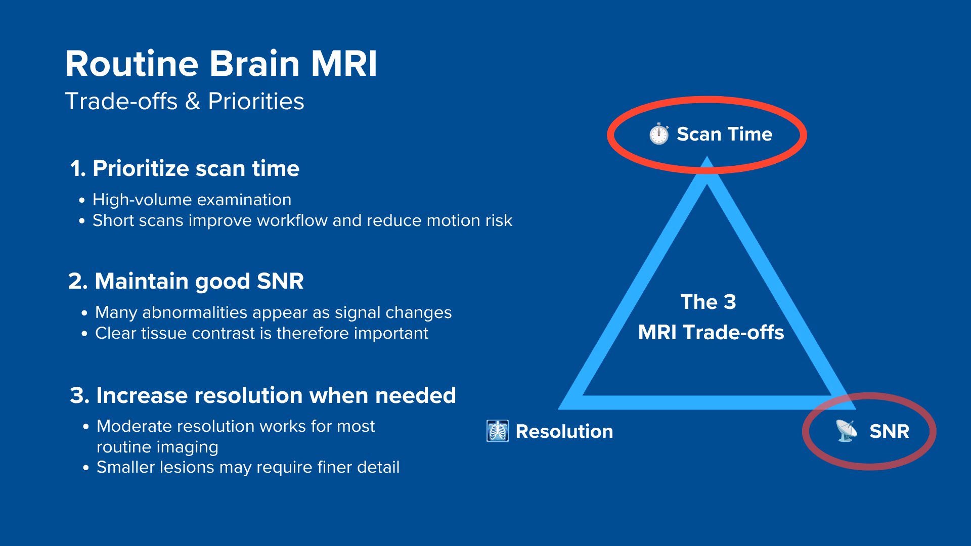 Trade-offs when scanning a routine brain MRI, and why to generally prioritize short scan time first, SNR second and increase resolution when needed