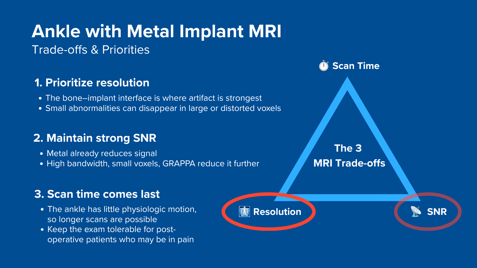 Trade-offs when scanning ankle MRI with metal implant, and why to generally prioritize resolution first, SNR second, and scan time last