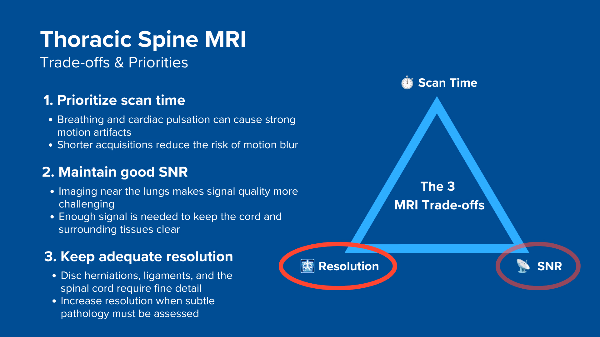 Trade-offs and priorities in thoracic spine MR imaging, and why we generally 1) Prioritize scan time, 2) Keep SNR good, and 3) Optimize resolution last