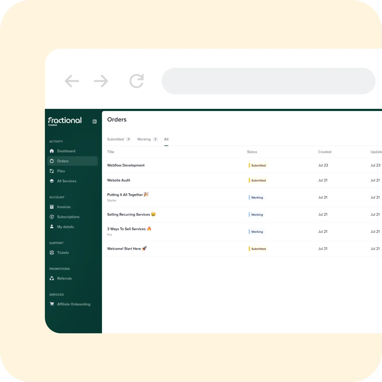 A snapshot of the personal dashboard that clients get once they have joined Fractional Creative.