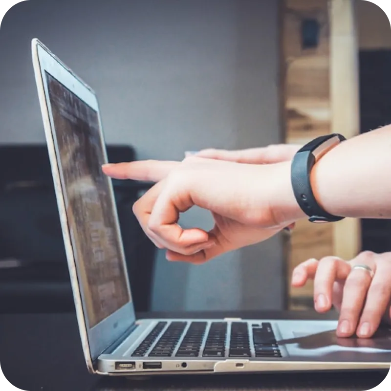 Business partners pointing at a computer screen