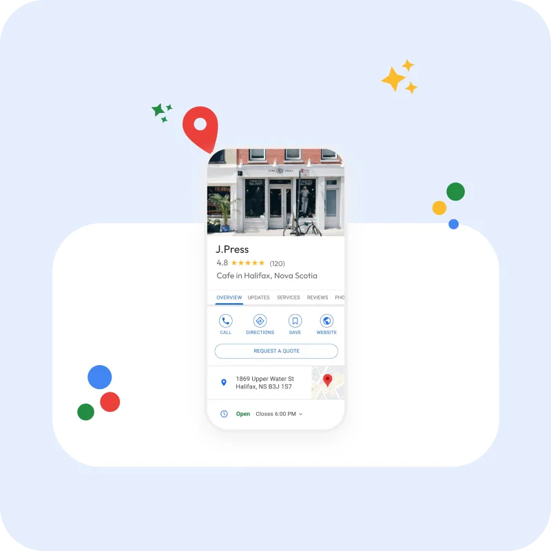 A google maps listing with stars in the background