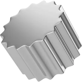 Silver metallic knob with a wavy edge and vertical grooves on its cylindrical body.
