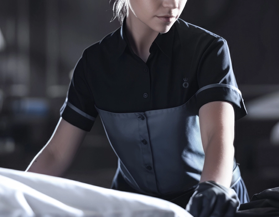 Femme dans une chambre d'hôtel, mettant en avant l'expertise de Topnet blanchisserie en matière de propreté