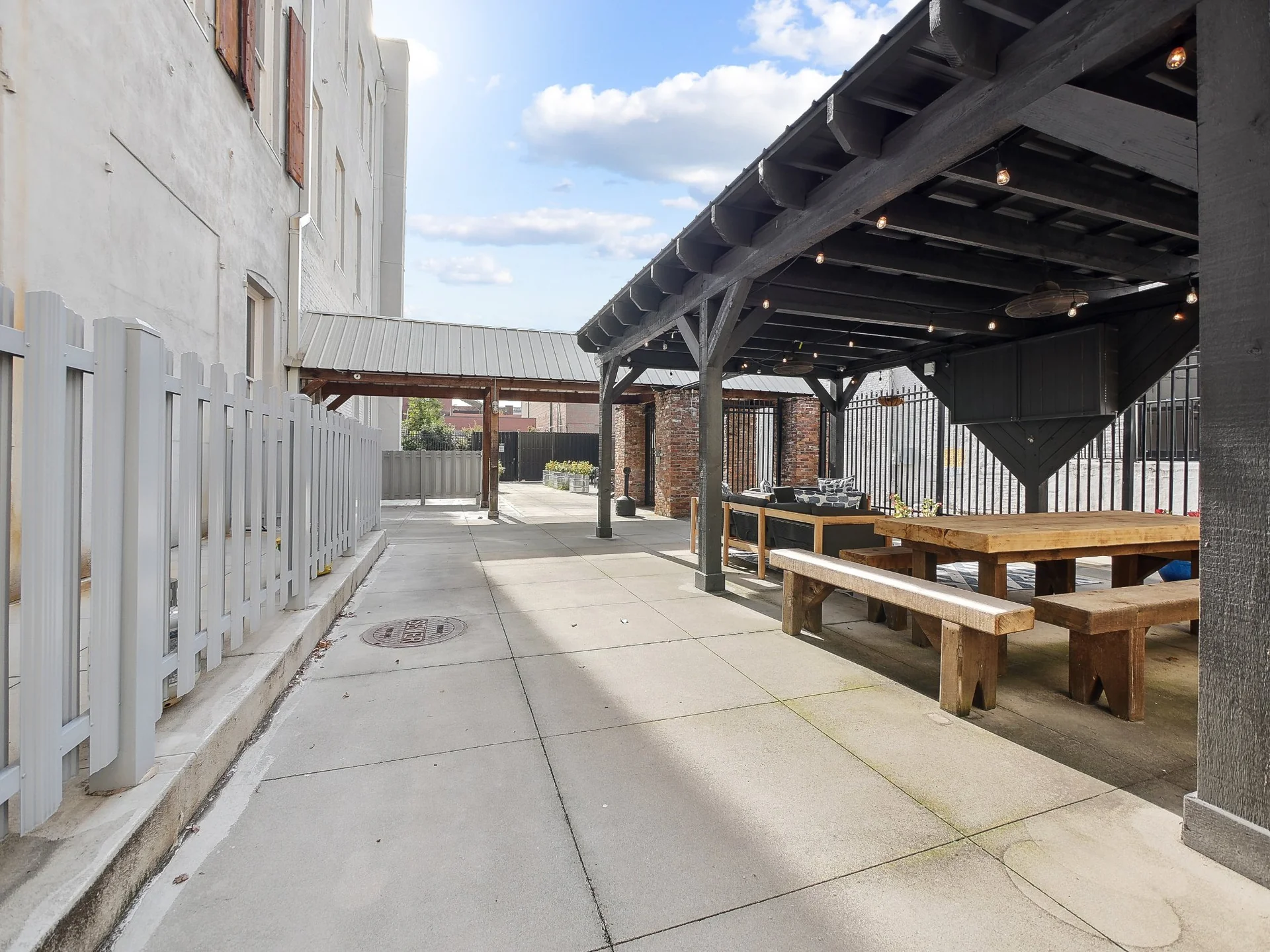 Tree-lined Cherry Street sidewalk in downtown Macon