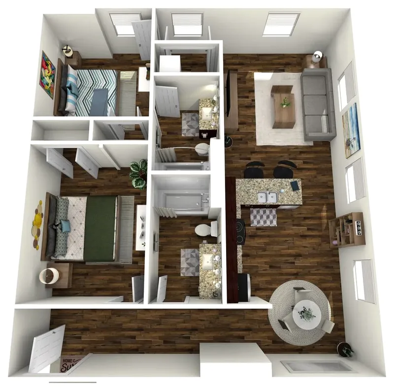 The Magnolia 2-bedroom loft with exposed brick and black windows