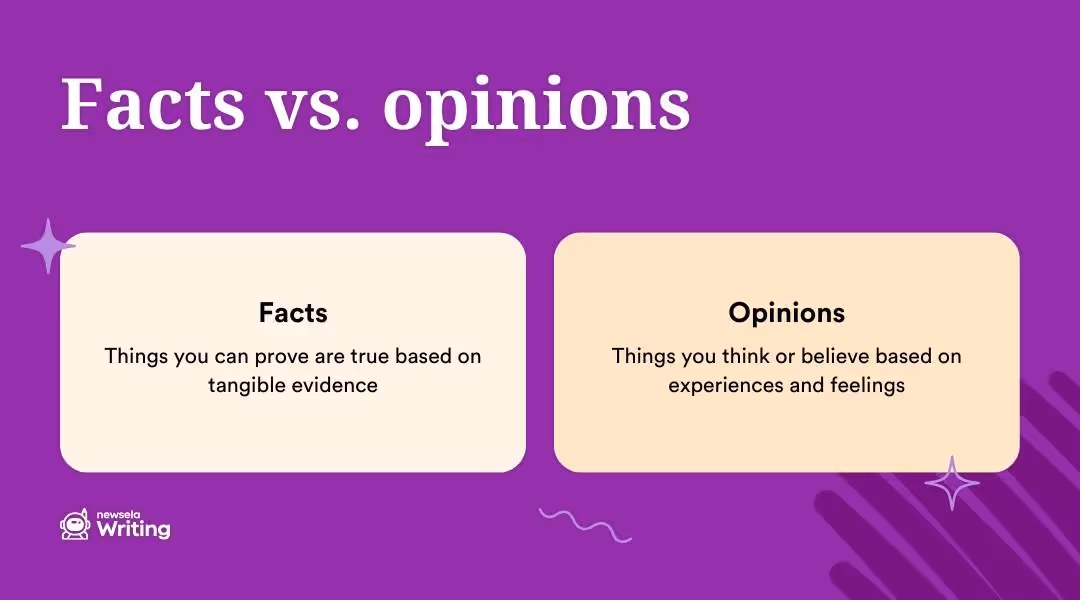 Facts vs. opinions: Facts - Things you can prove are true based on tangible evidence | Opinions - Things you think or believe based on experiences and feelings