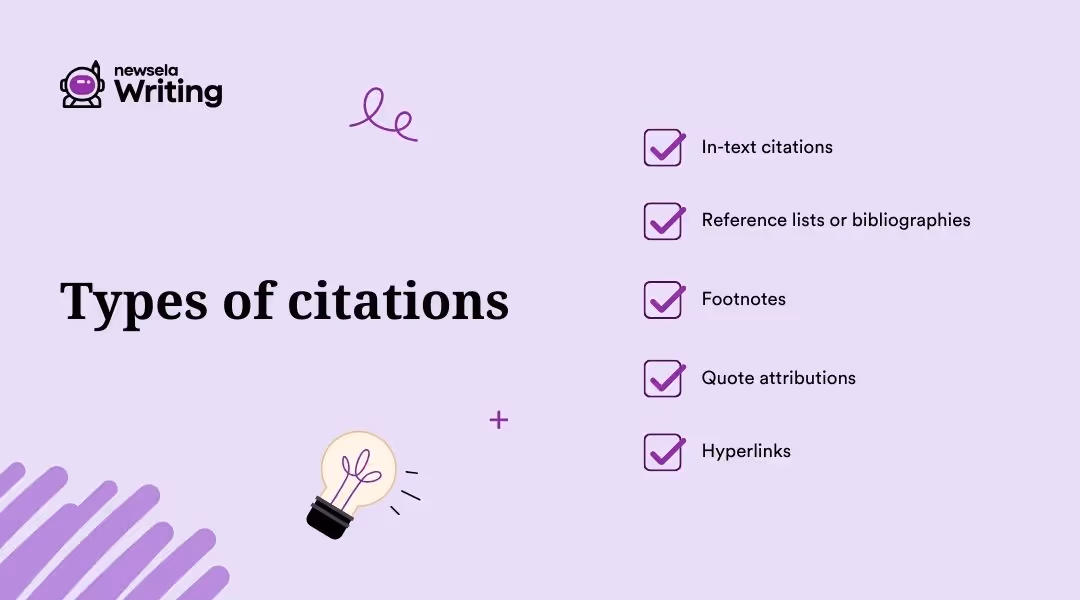 Types of citations: In-text citations | Reference lists or bibliographies | Footnotes | Quote attributions | Hyperlinks  